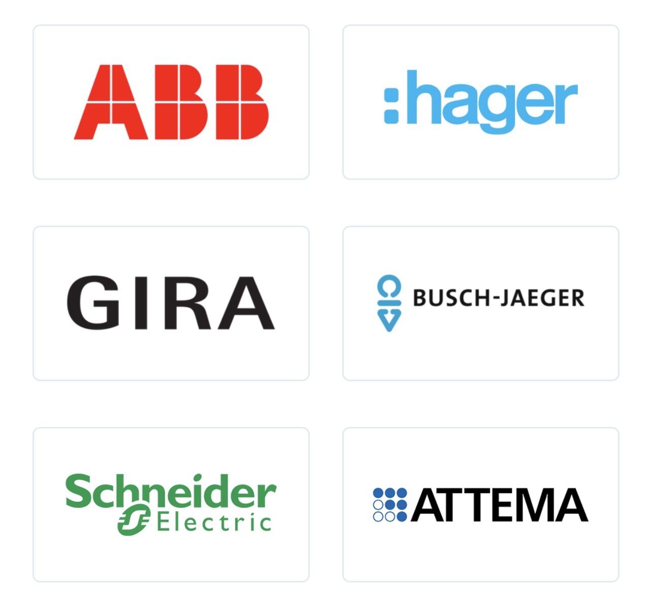 A-merken waarmee PT.Elektra werkt: ABB, Hager, Gira, Busch-Jaeger, Schneider Electric, Attema